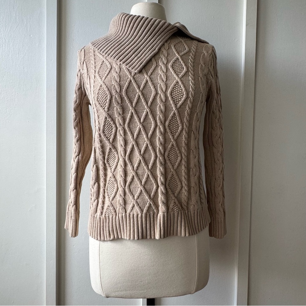 Jeanne Pierre‎ Cable Knit Cotton Sweater Women’s Medium Tan Collared Pullover